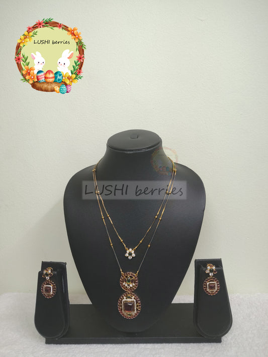 15_Premium Gold Look-alike traditional 2 layer Pendant Chain with Ruby stones