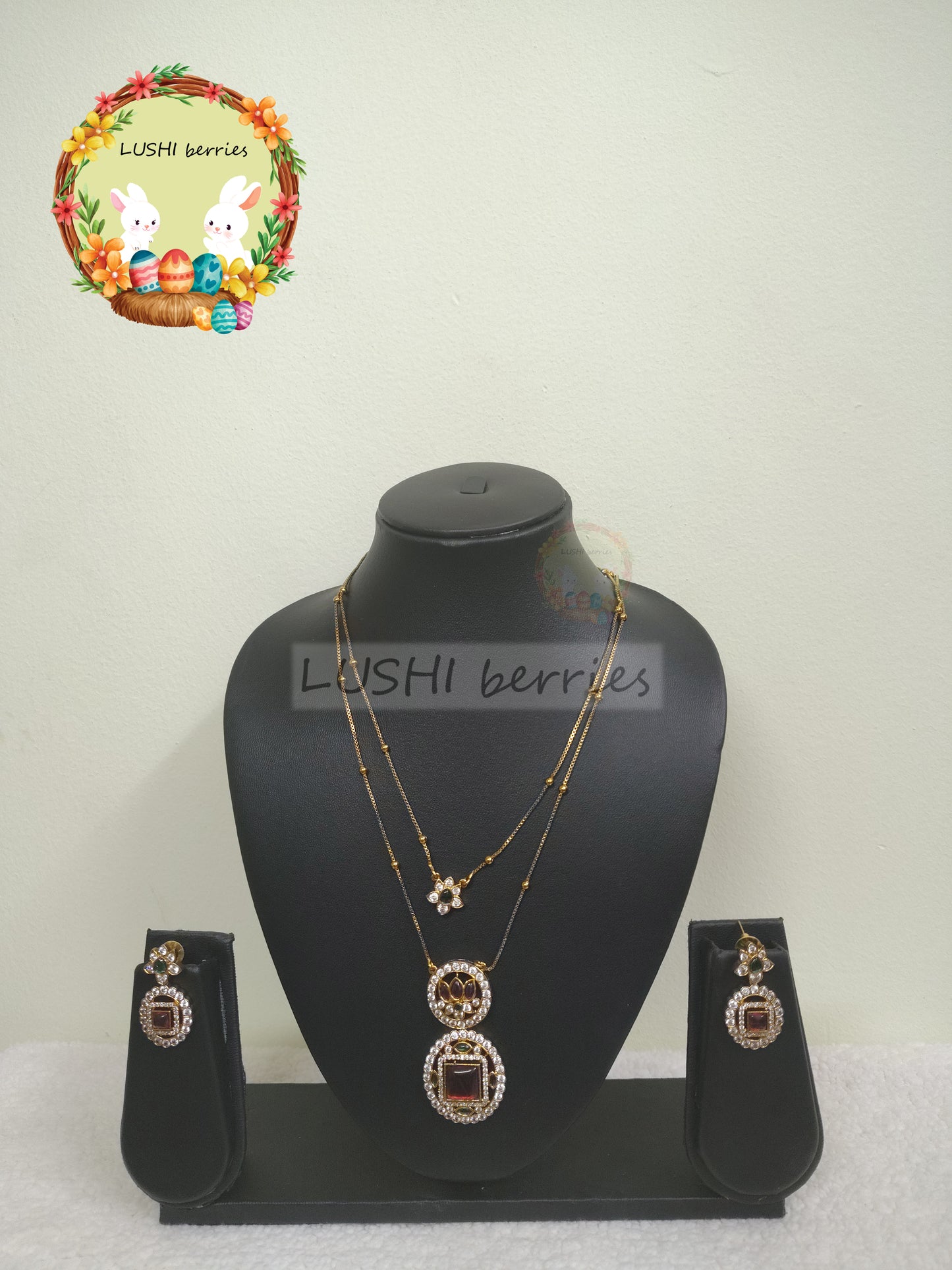 15_Premium Gold Look-alike traditional 2 layer Pendant Chain with Ruby stones