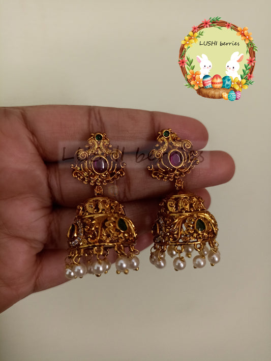2_Premium Gold Look-Alike Earrings Jumka with Red and Green combination stone