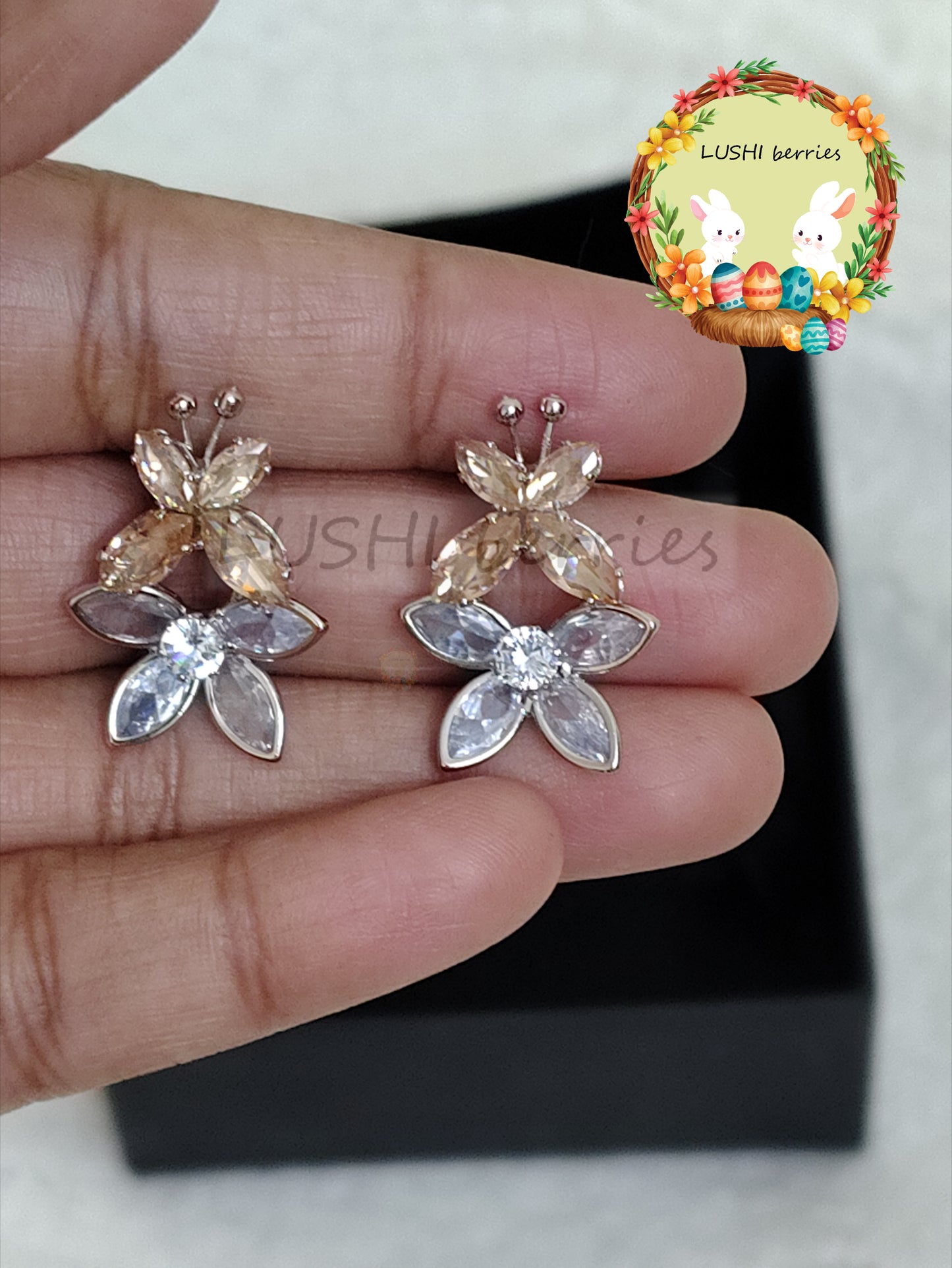 42_Butterfly with white Flower Crystal stone studs with different color options