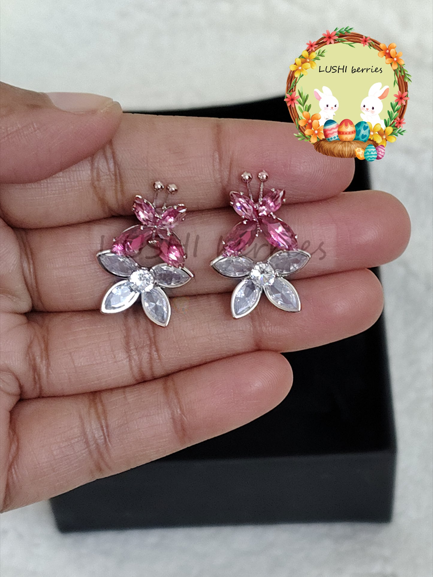 42_Butterfly with white Flower Crystal stone studs with different color options