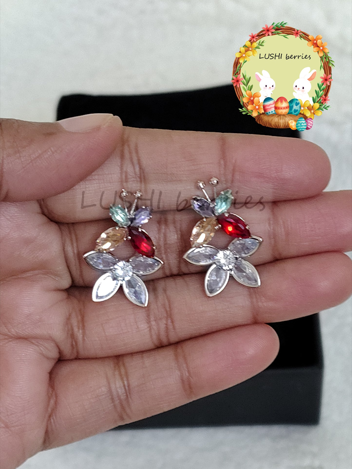 42_Butterfly with white Flower Crystal stone studs with different color options