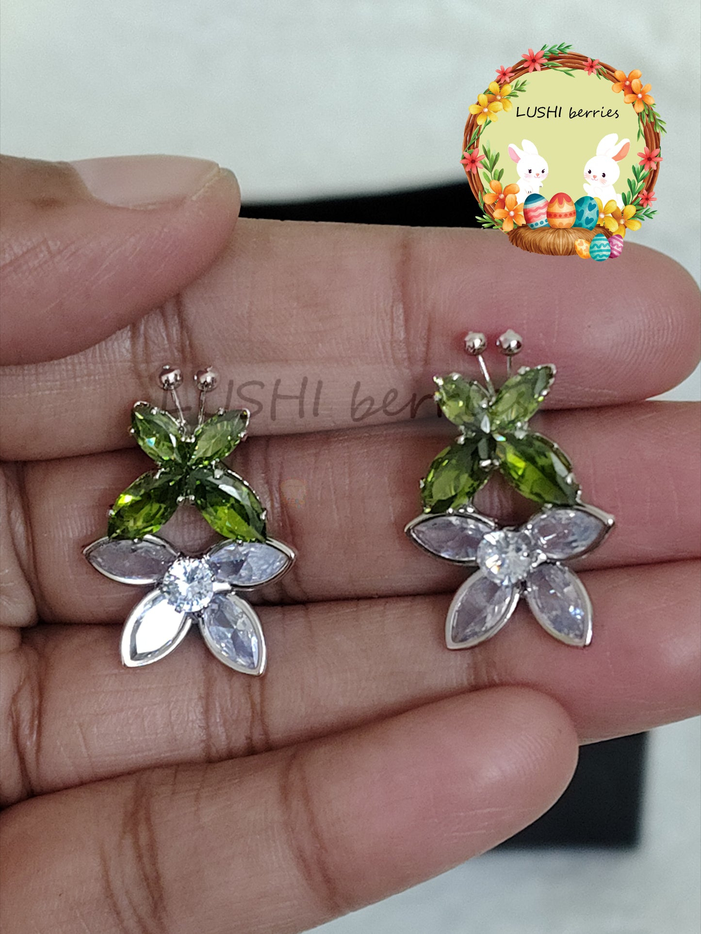 42_Butterfly with white Flower Crystal stone studs with different color options