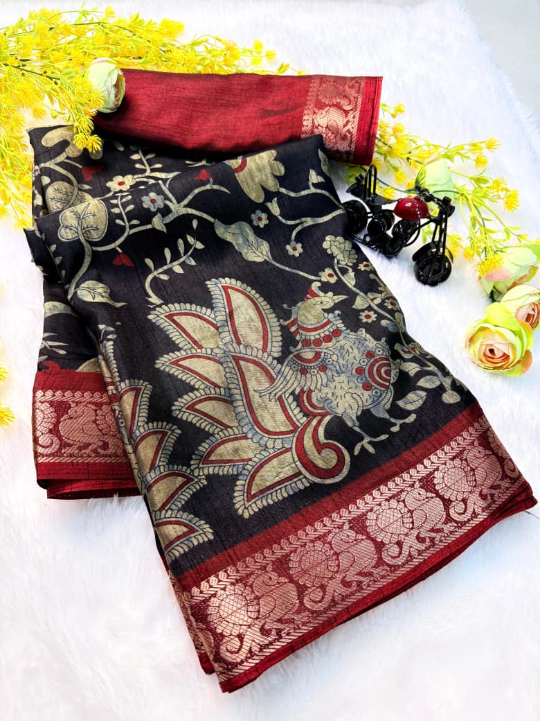5_Soft bleck dola silk sarees with pen kalamkari design