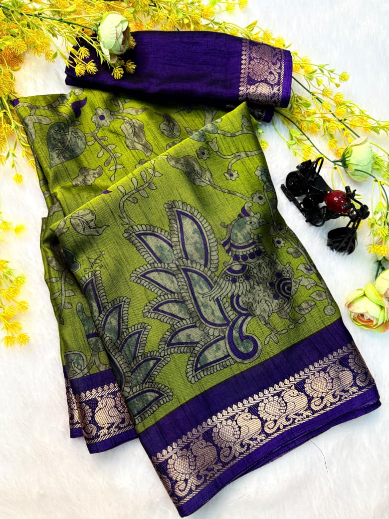 5_Soft bleck dola silk sarees with pen kalamkari design
