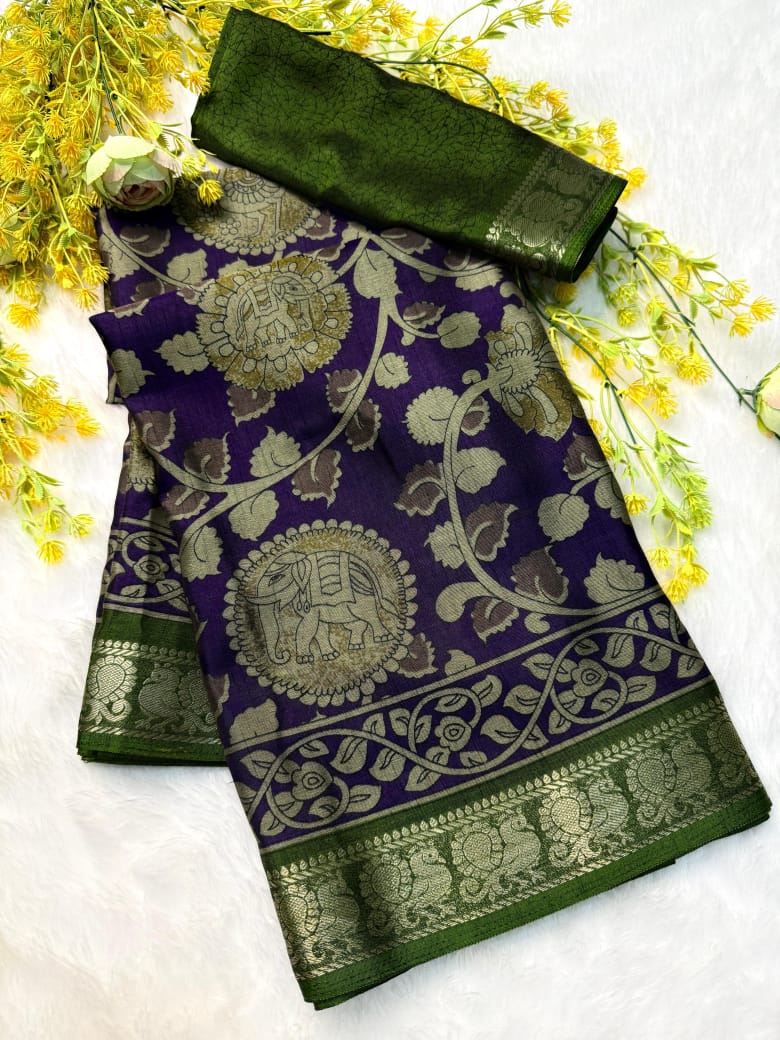 5_Soft bleck dola silk sarees with pen kalamkari design