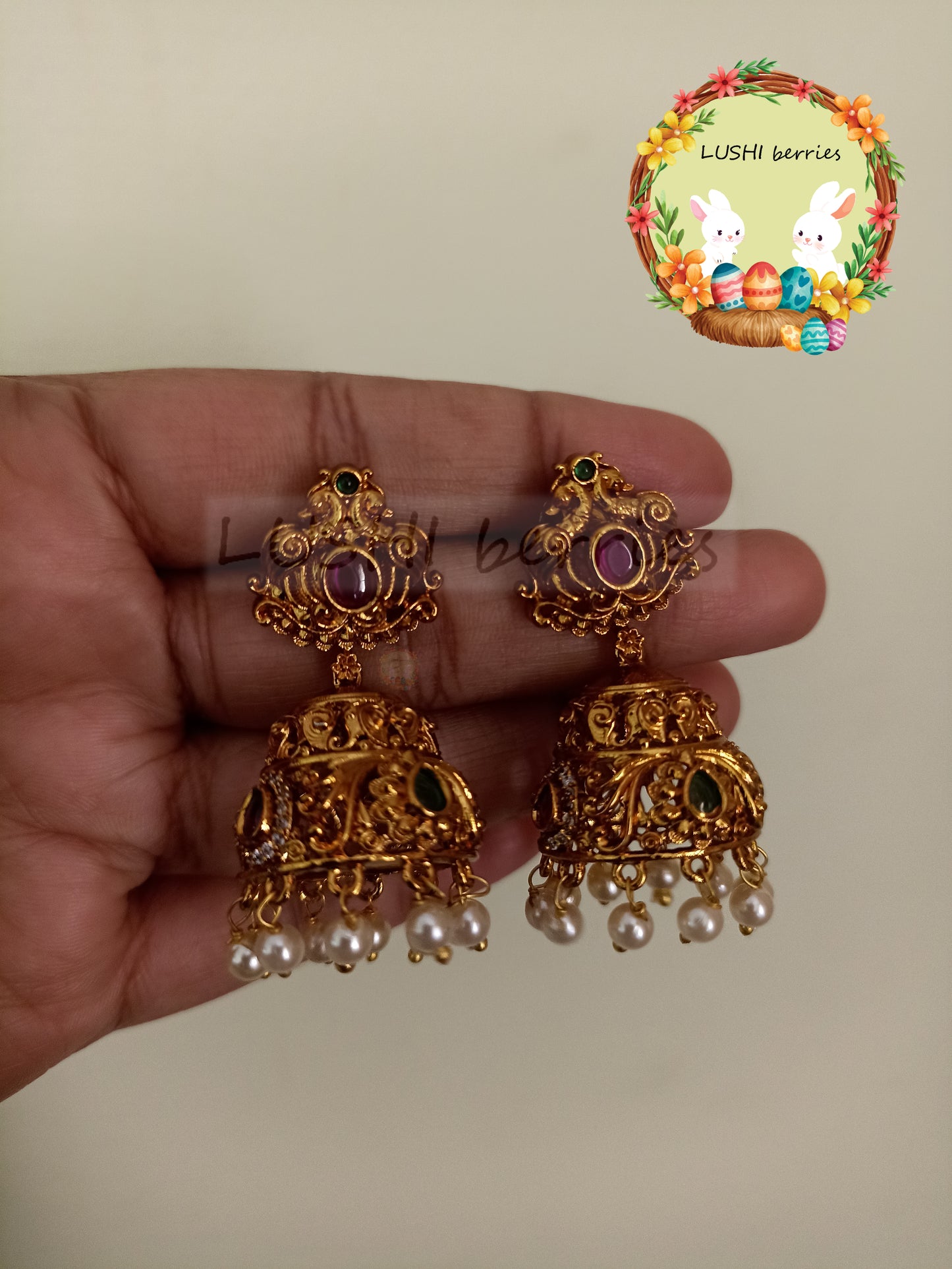 2_Premium Gold Look-Alike Earrings Jumka with Red and Green combination stone