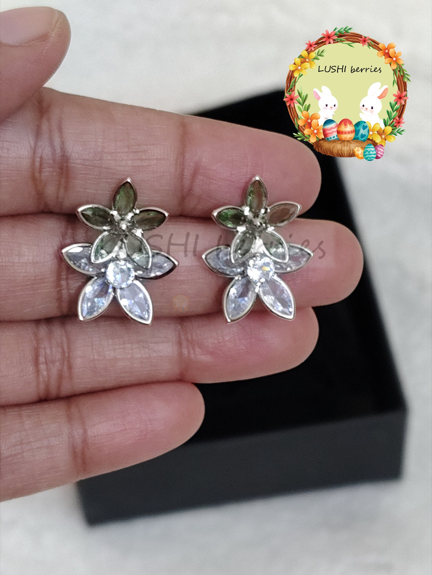 43_White Flower Crystal stone studs with different color options
