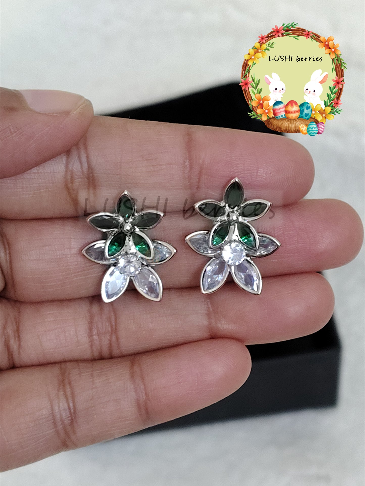 43_White Flower Crystal stone studs with different color options