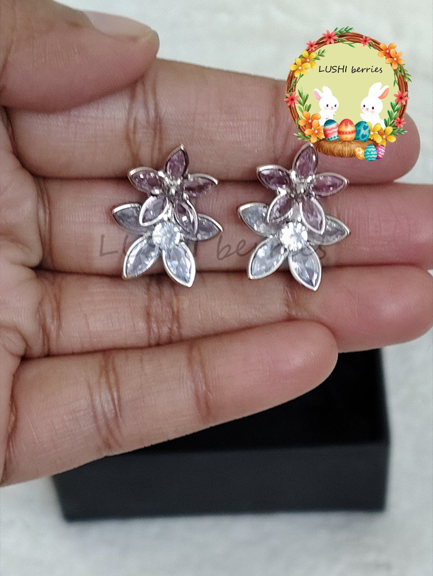 43_White Flower Crystal stone studs with different color options