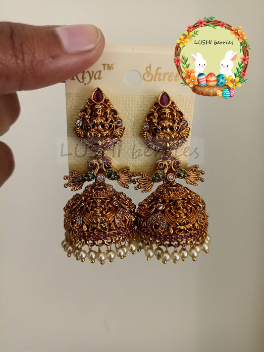 4_Premium Lakshmi Gold look-alike jumka with red and green stone