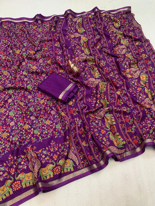 1_Pure soft Tusser Kashmiri printed saree with Rich Pallu & Fancy Golden Border
