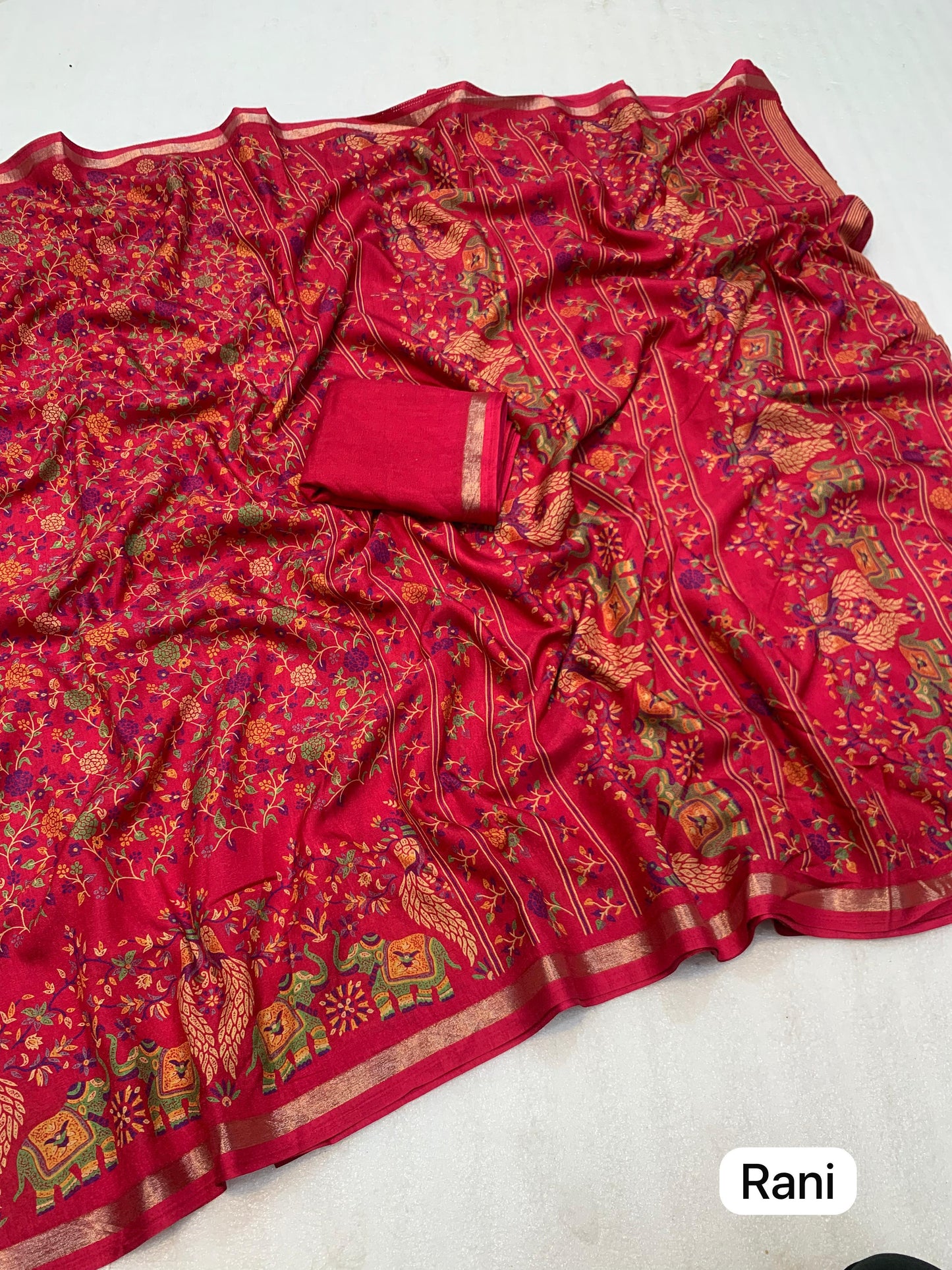 1_Pure soft Tusser Kashmiri printed saree with Rich Pallu & Fancy Golden Border