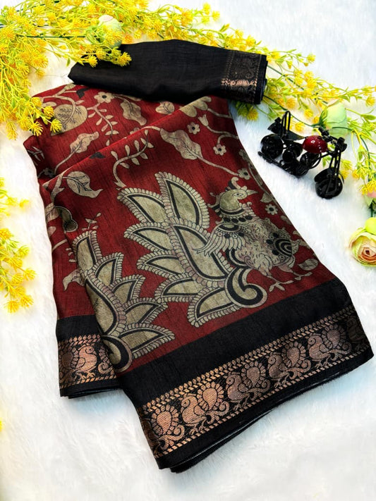 5_Soft bleck dola silk sarees  with pen kalamkari design