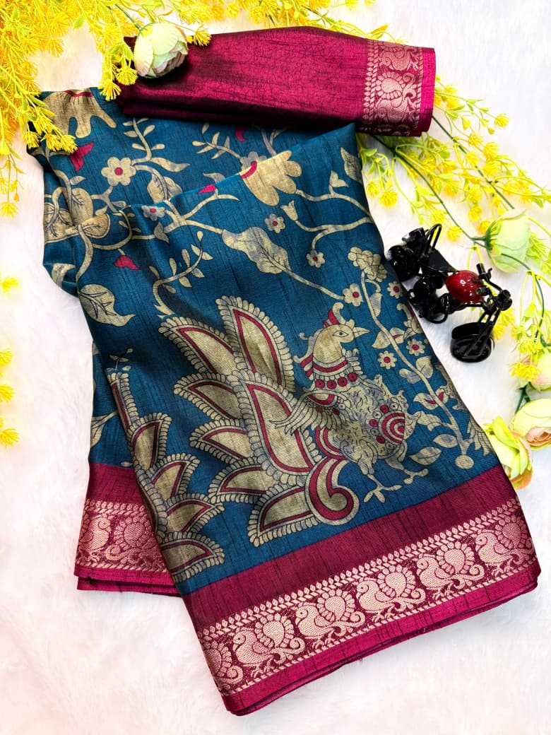 5_Soft bleck dola silk sarees  with pen kalamkari design