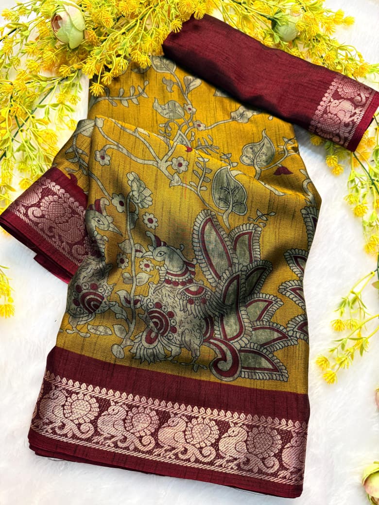 5_Soft bleck dola silk sarees  with pen kalamkari design