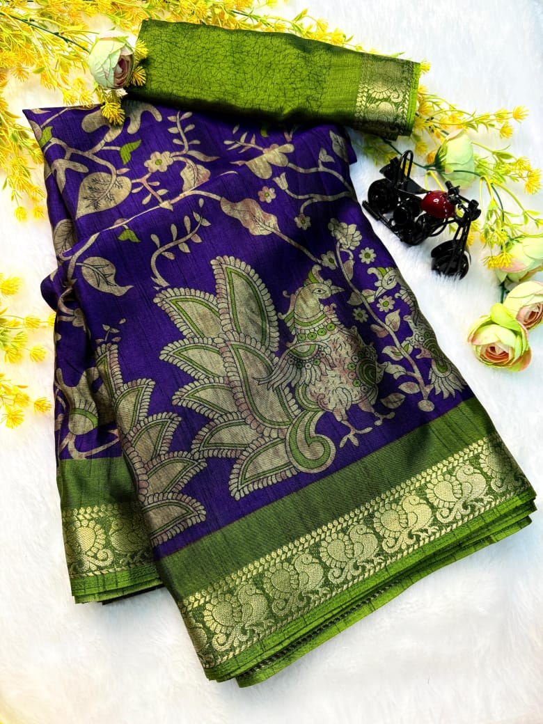 5_Soft bleck dola silk sarees  with pen kalamkari design